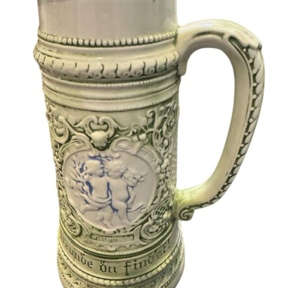 Vintage German Beer Stein With Embossed Cherub Design & Lid 1 Liter Capacity Cer - Picture 5 of 7